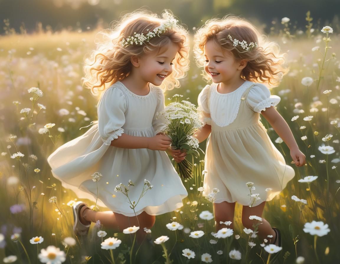 Toddler Siblings Playing with Wildflowers, Whimsical Illustr...