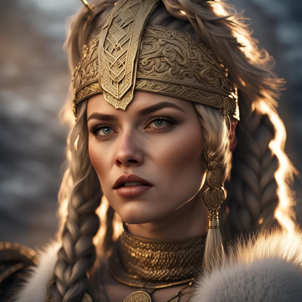 Viking Woman with Braids and Gilded Headdress