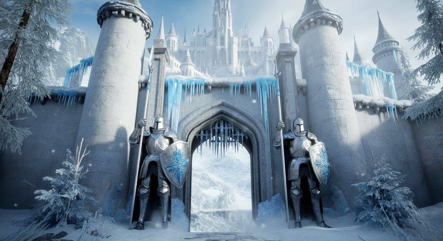 Winter Castle Guardians in Hyperrealistic Fantasy Art