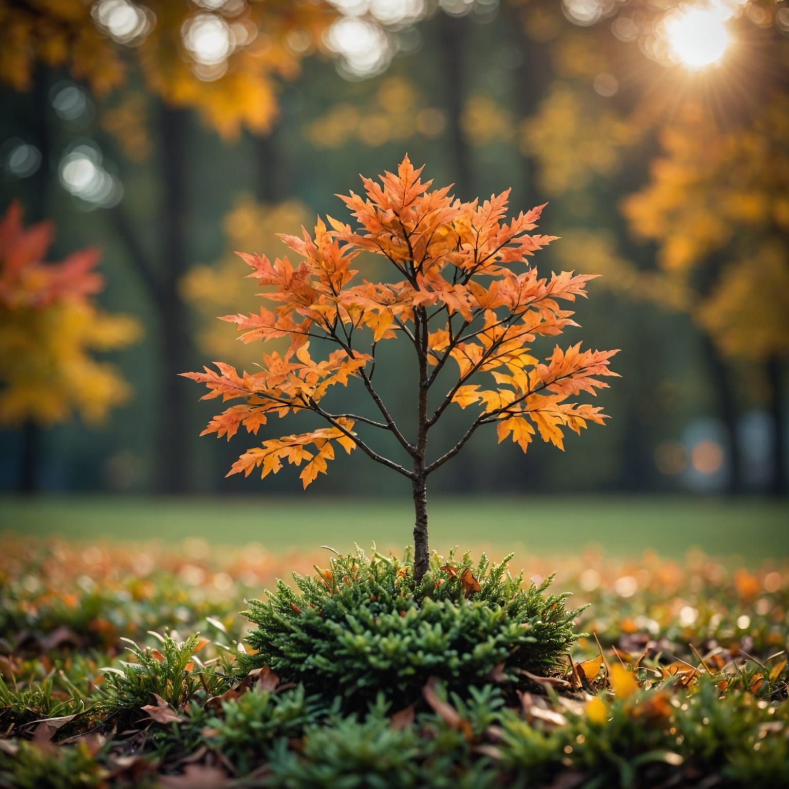 Miniature Fall Tree in Morning Light, Bokeh