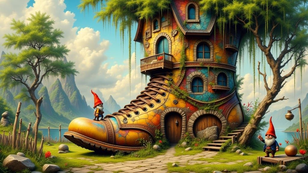 Gnome Home Boot House with Gnomes and Fence