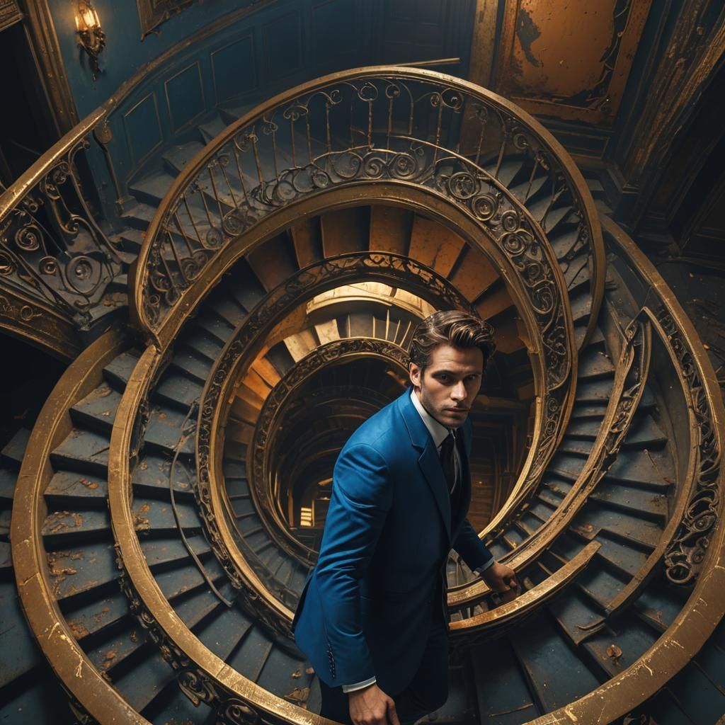 Mysterious Man Descends Gothic Spiral Staircase