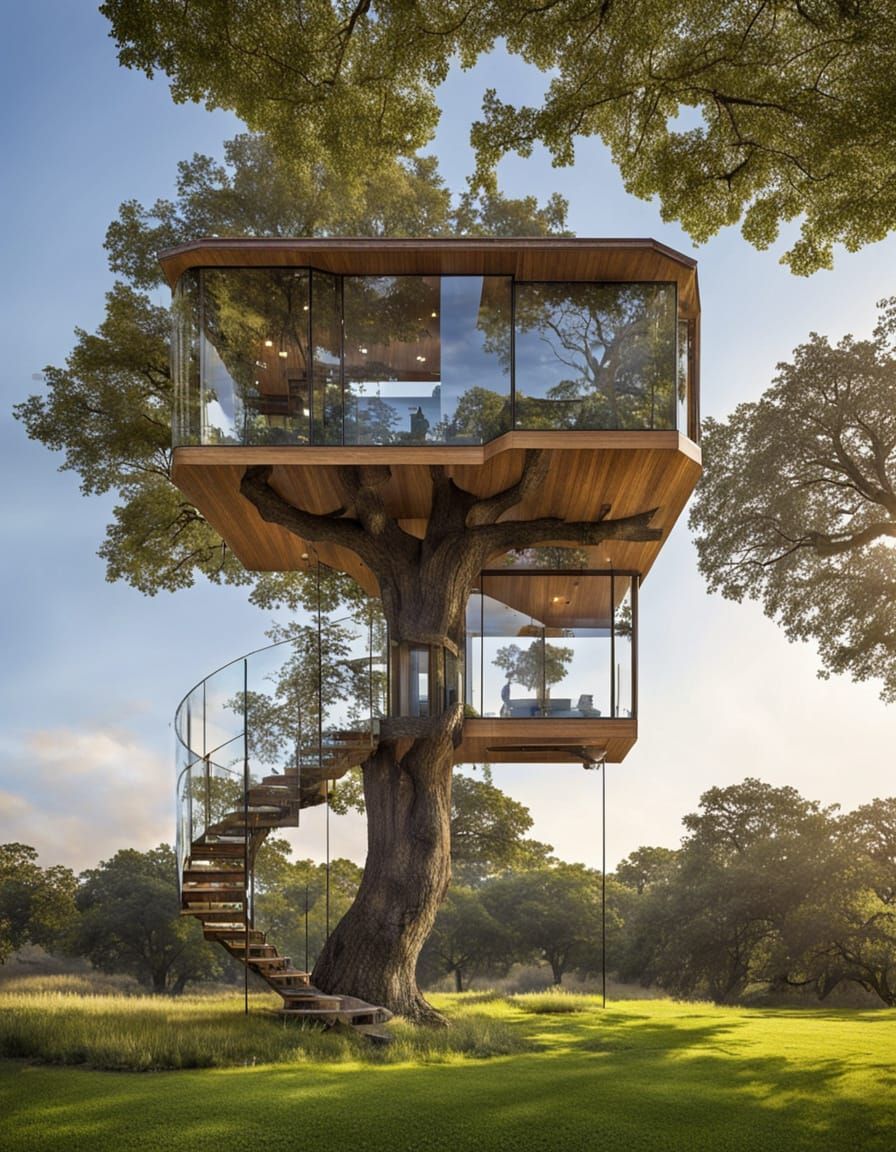Ultra modern glass treehouse in a large oak tree