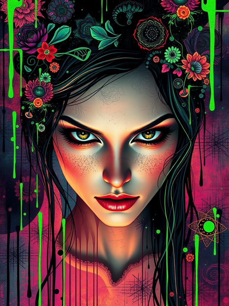 Mysterious woman with glowing eyes in graffiti style