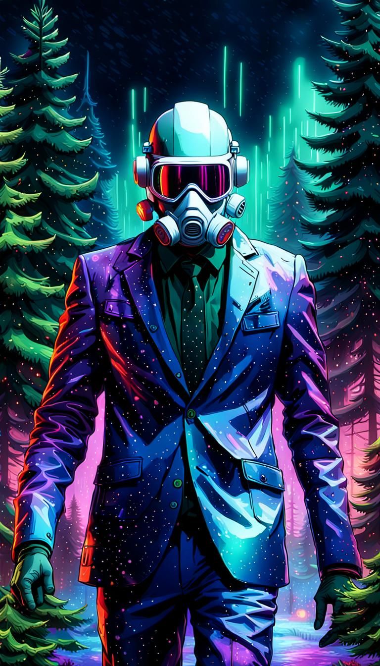 Surreal Cyberpunk Figure in Falling Snow