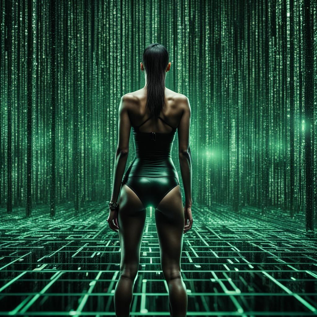 Matrix Scene with Bikini Model in Hyperrealistic Style