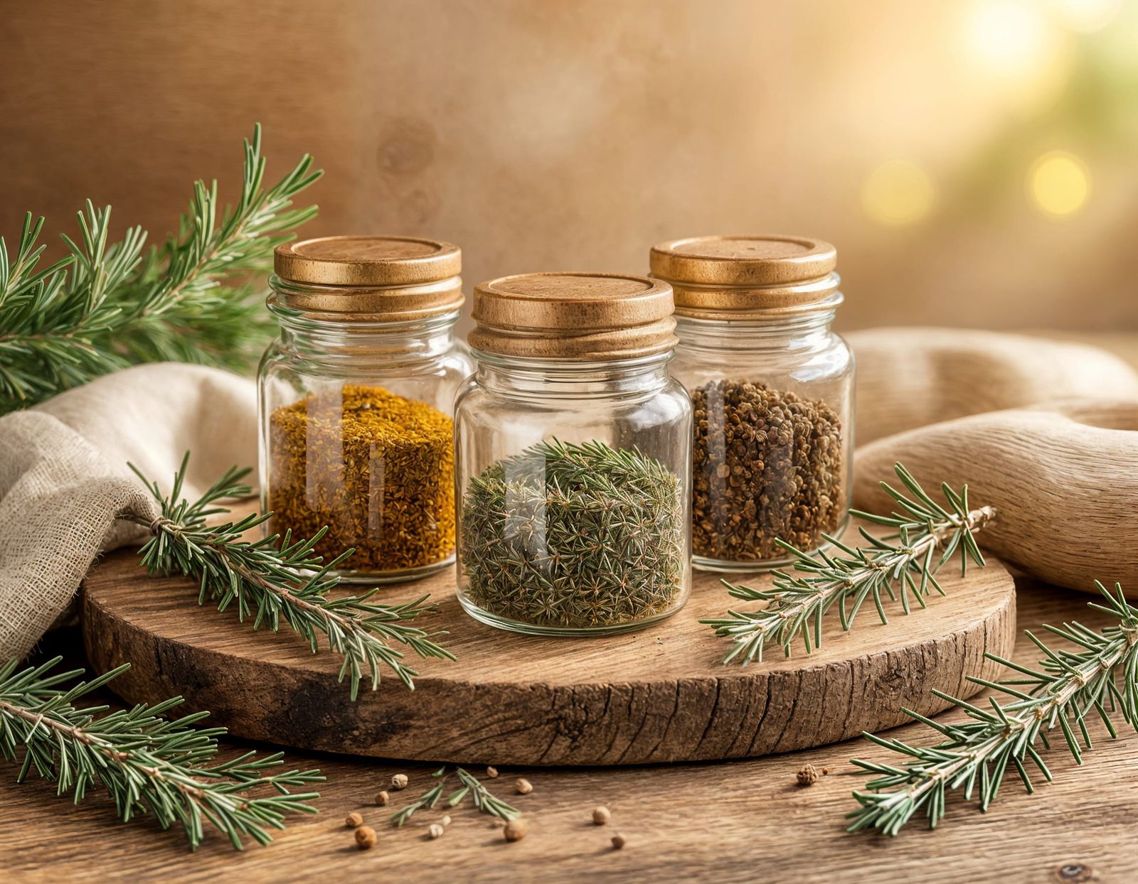 Spice Jars with Rosemary on Wooden Board