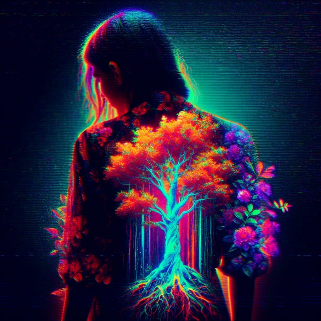 Surreal Glitched Photograph of Woman with Tree