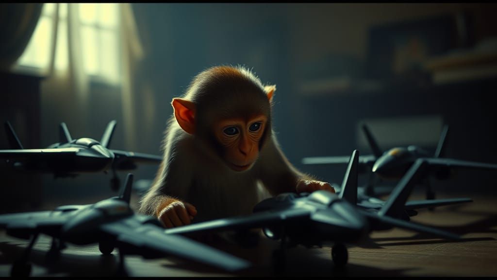 Monkey's Aviation Obsession: Cinematic Film Still