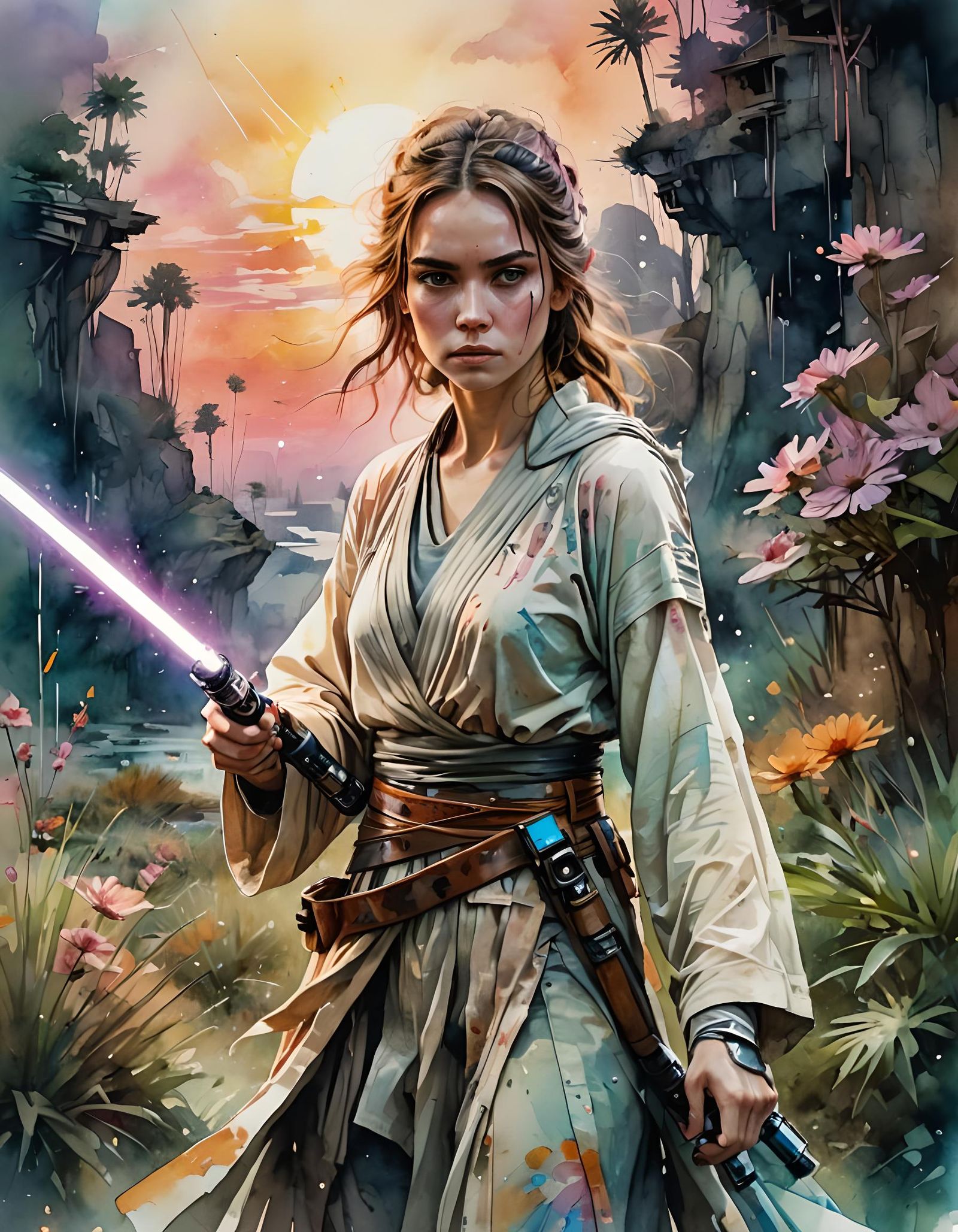 Female Jedi with Lightsaber Digital Watercolor Sunset
