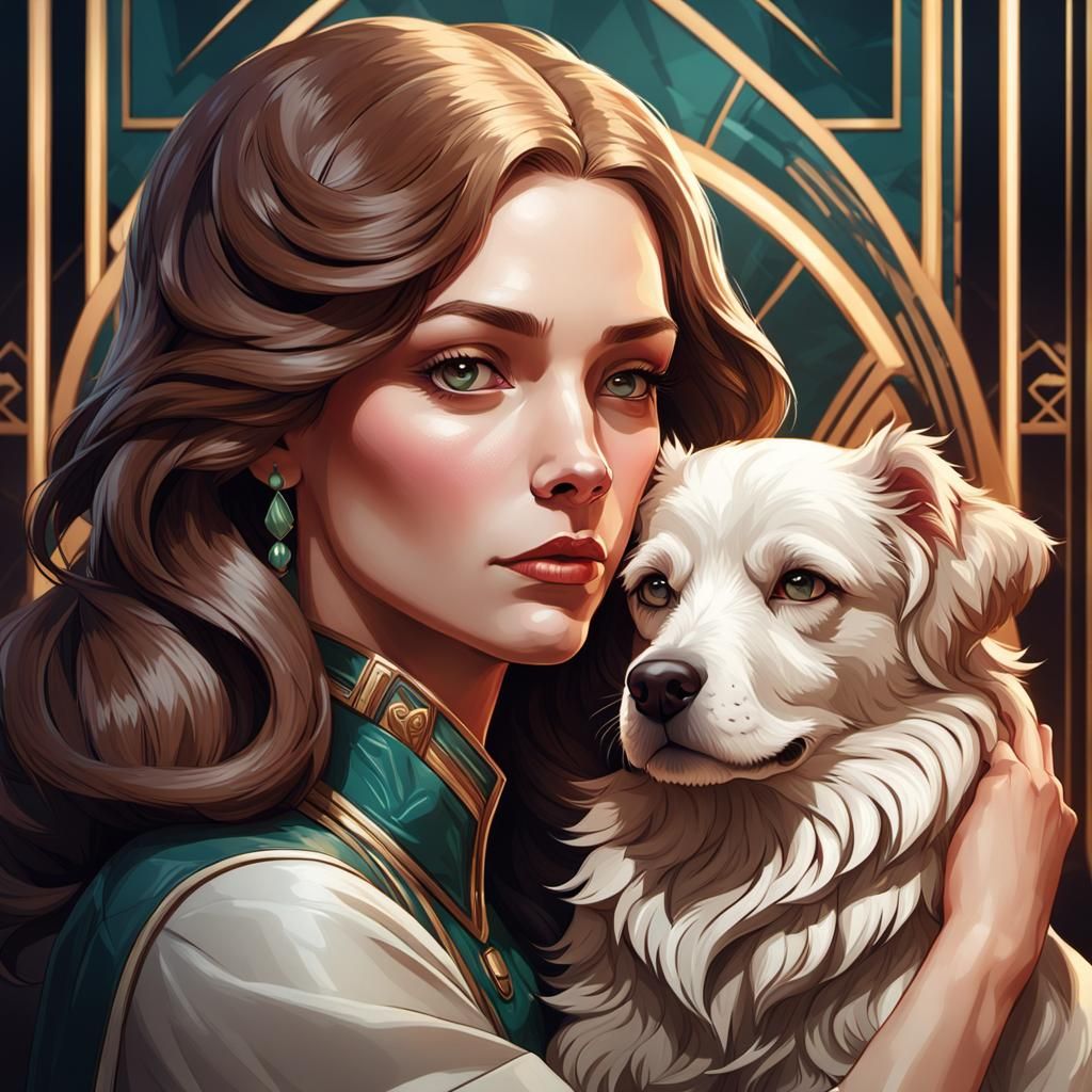 Art Deco Portrait of Woman and Dog