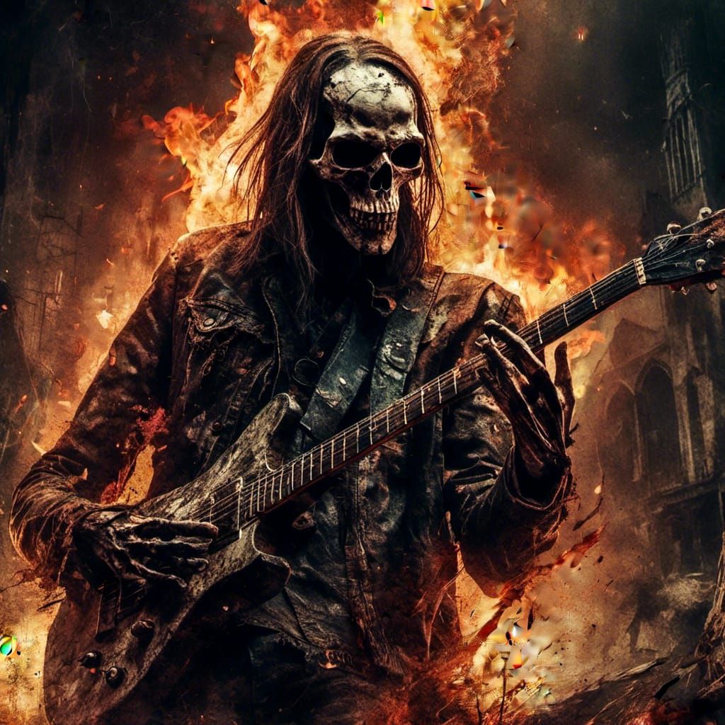Fiery Skeletal Guitarist in Post-Apocalyptic Cityscape