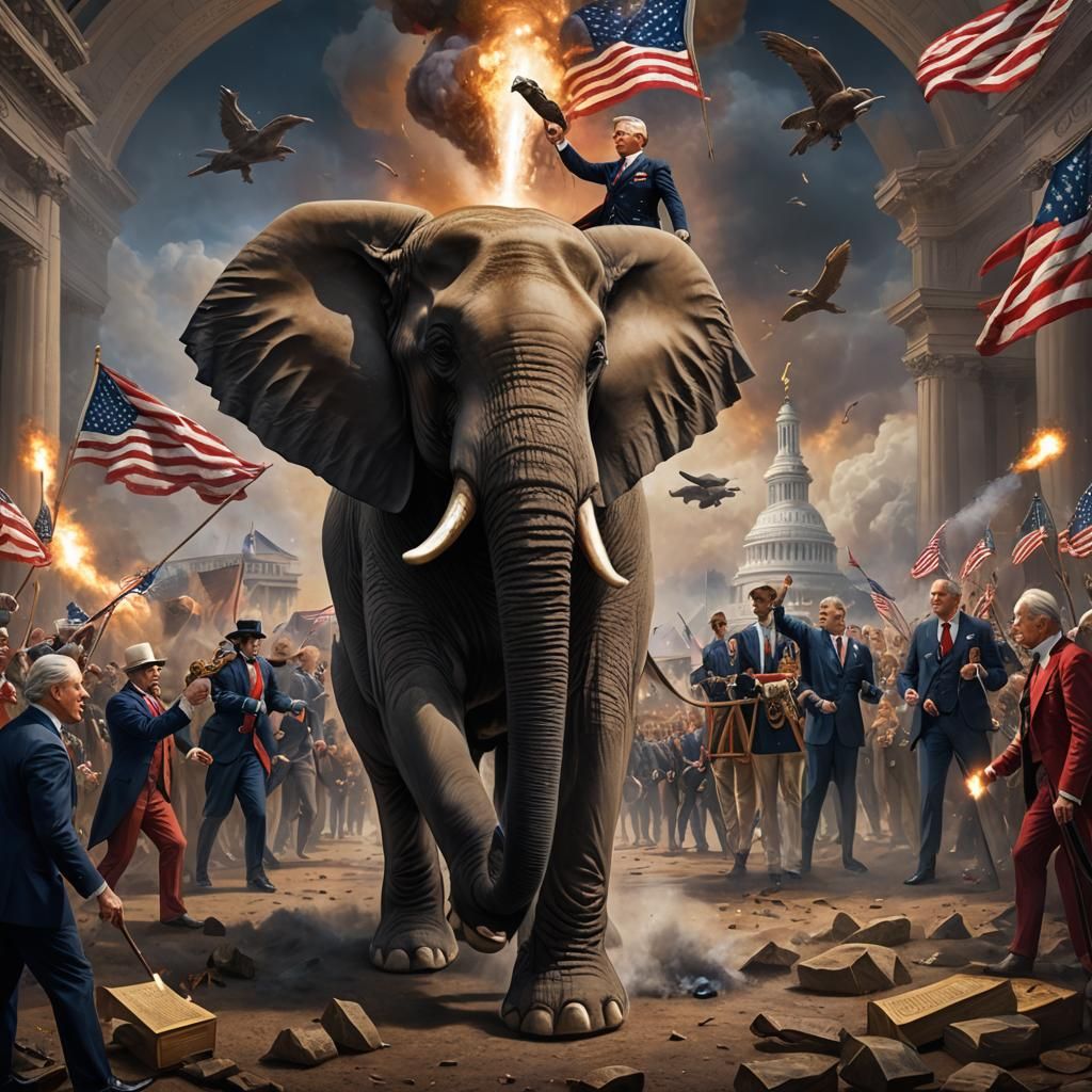 Elephant President Stepping on US Declaration: Matte Paintin...