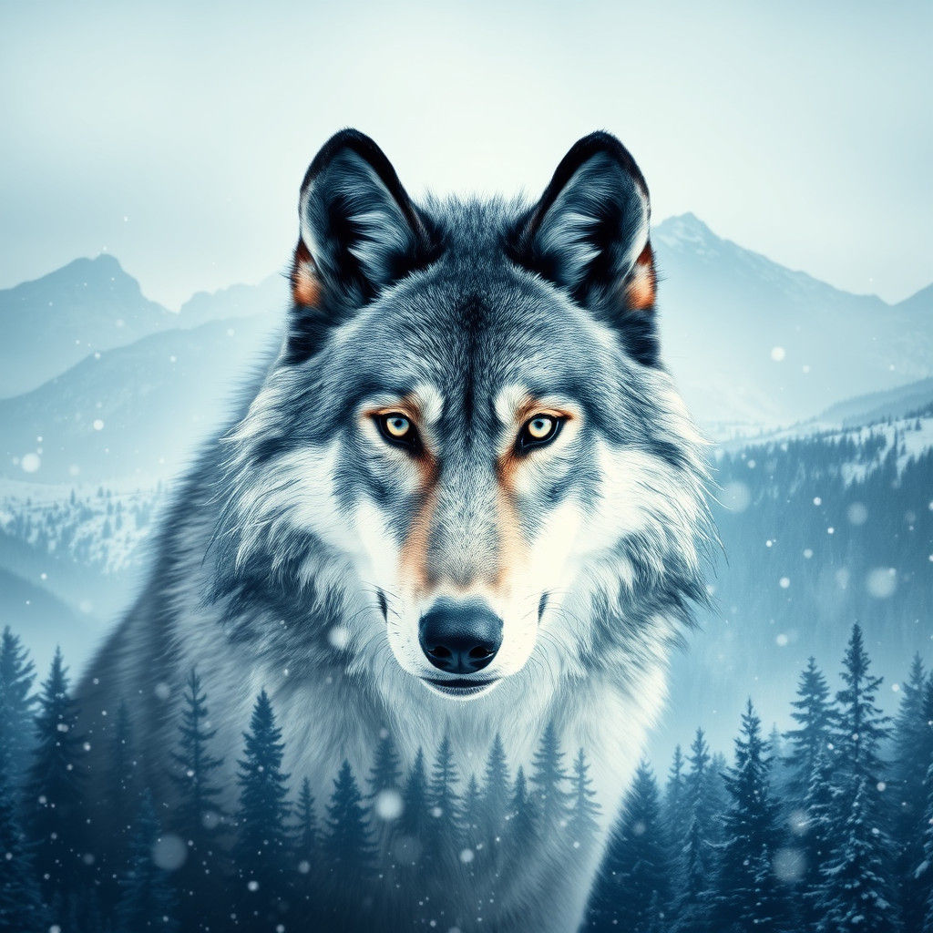 Dreamy Double Exposure Wolf in Snowy Landscape