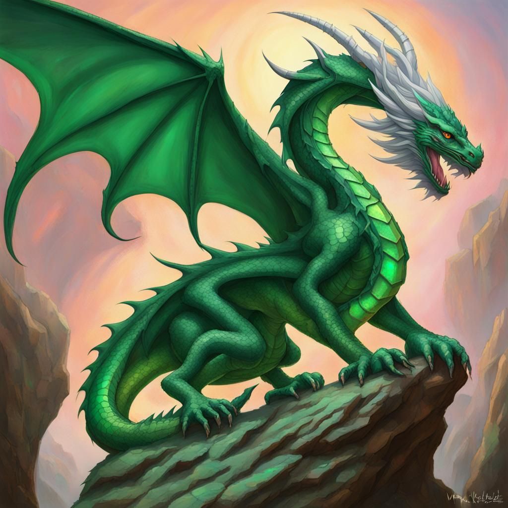 Opal Dragon Meets Emerald Dragon, Fantasy Art