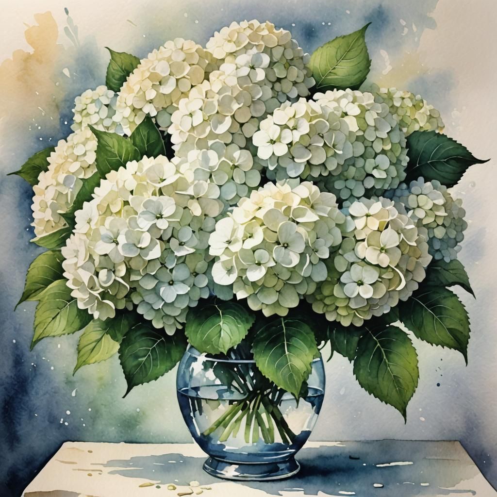 White Hydrangeas in Watercolor Style