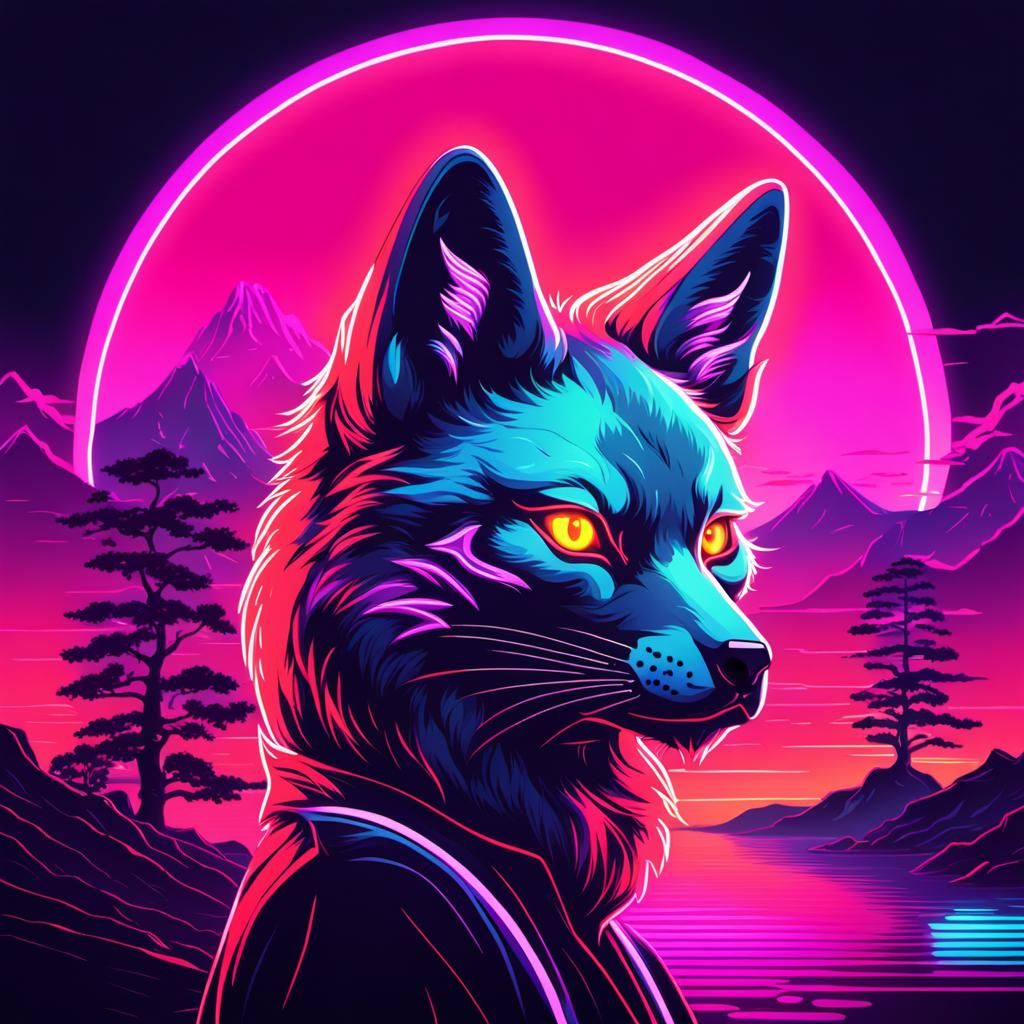 Synthwave Kitsune in Neon Retro Style