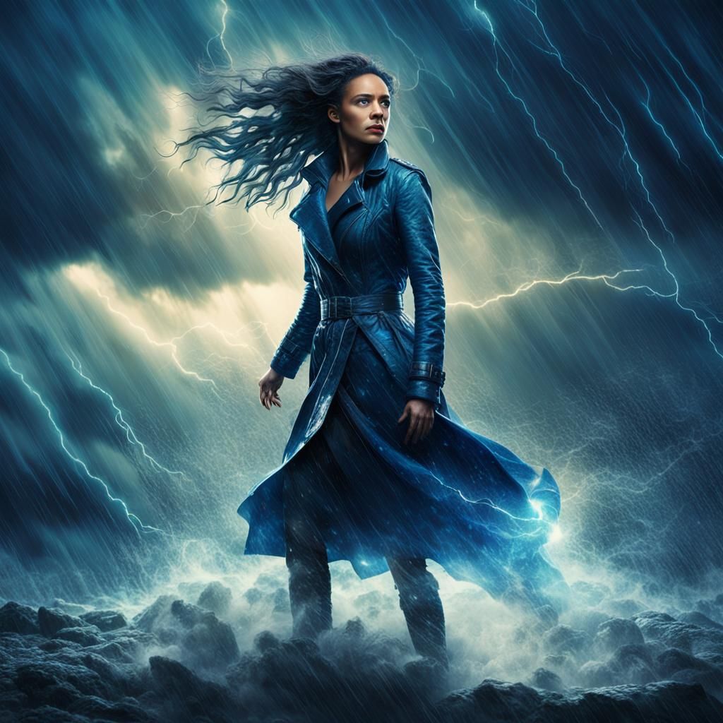 Powerful Woman Amidst a Turbulent Storm