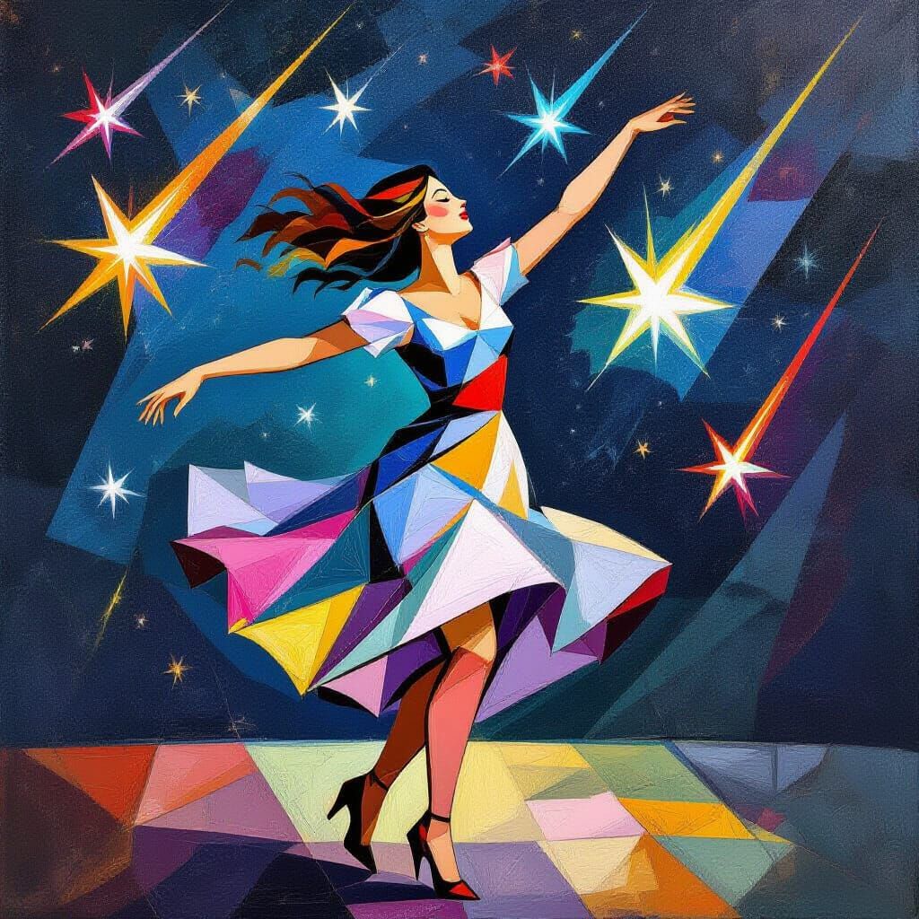 Cubist Woman Dancing in Meteor Shower