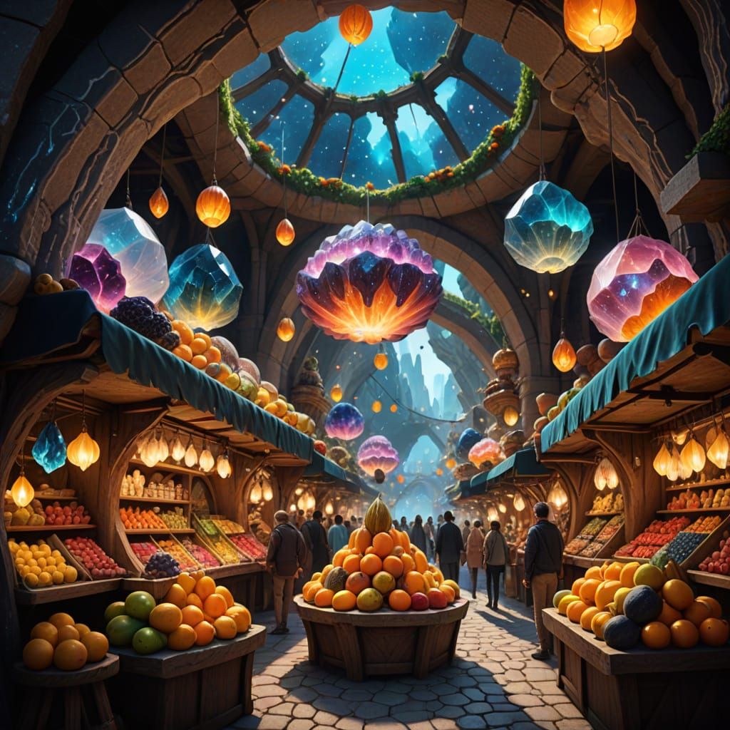 Magical Geode Marketplace with Exotic Goods and Glowing Arti...