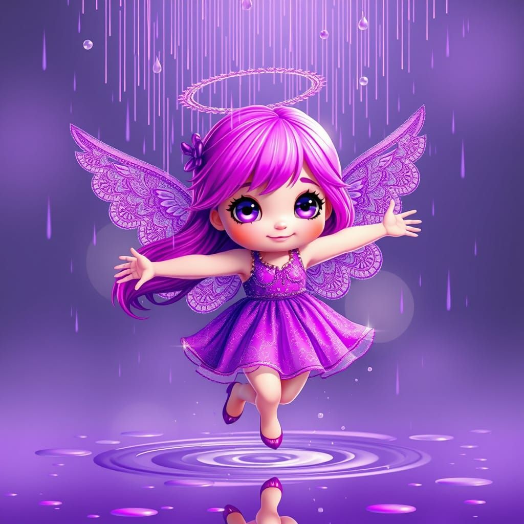 Little Angel Joyfully Leaps in Purple Hued Wonderland