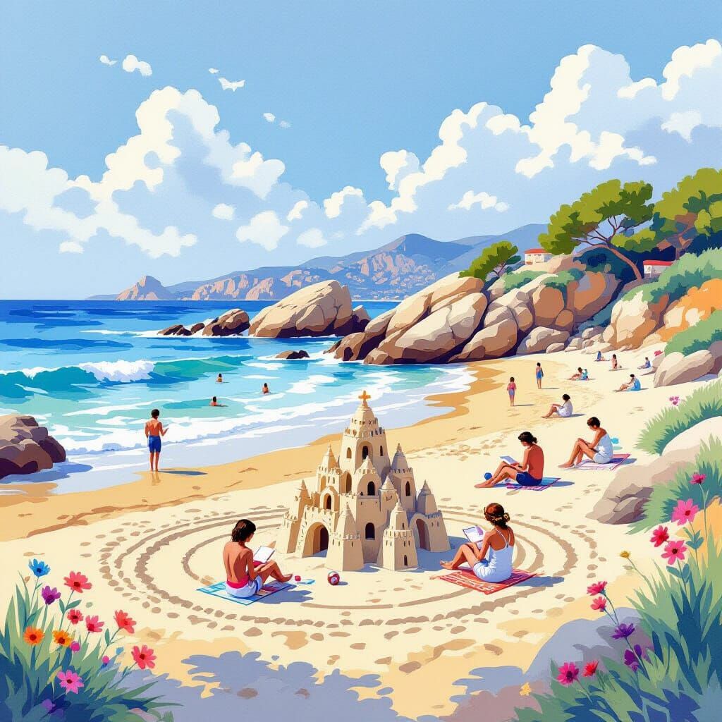 Mediterranean Beach Scene as Watercolour Painting