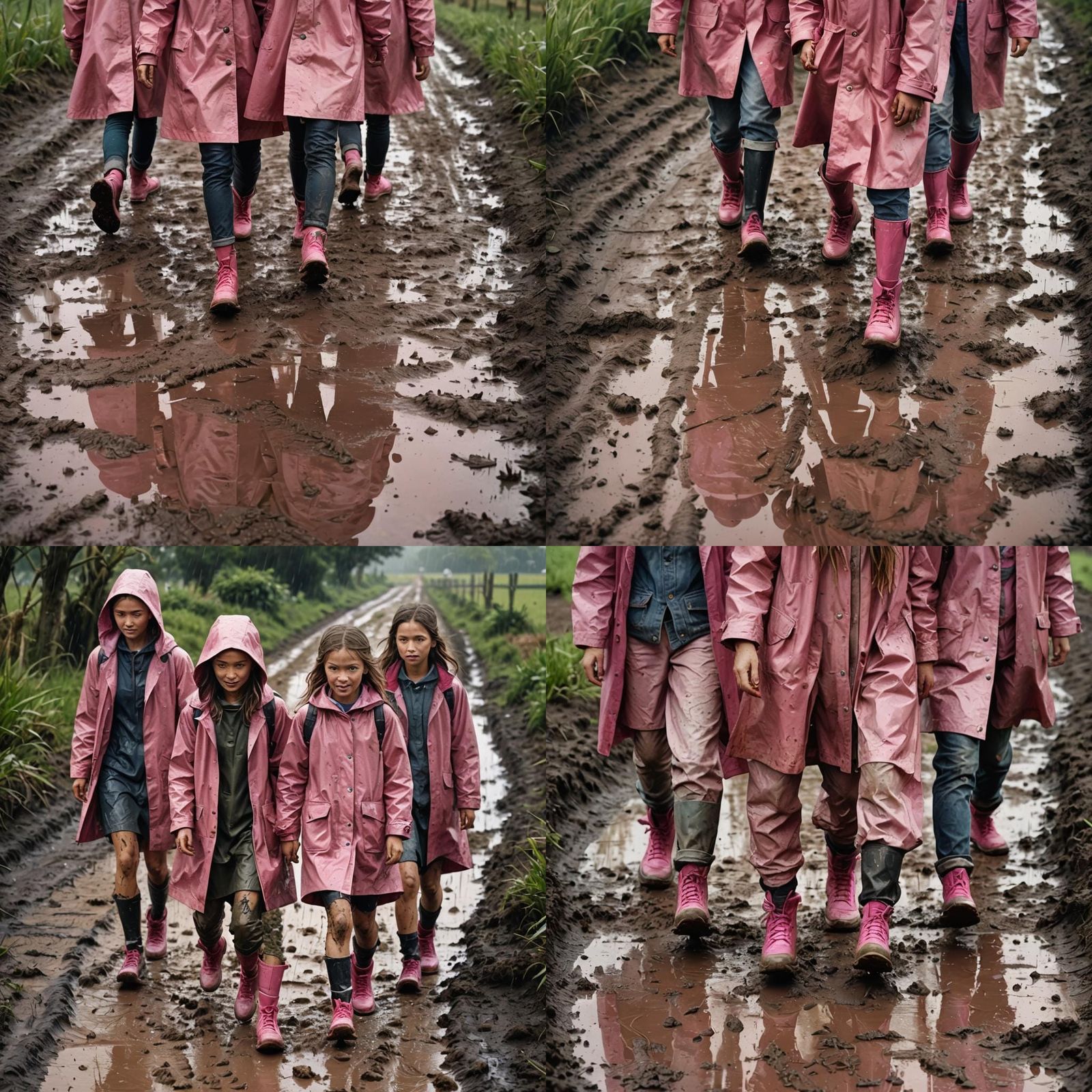 Girls in Pink Raincoats on Muddy Farm Path