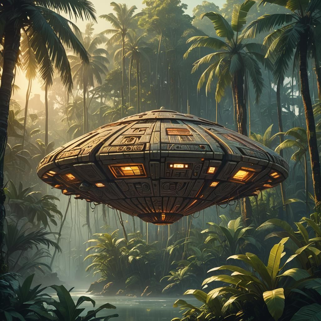 Tribal Futurism UFO Over Tropical Lagoon