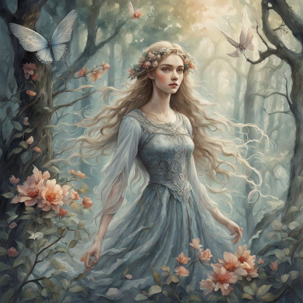 Forest Maiden with Mythical Creatures in Watercolor