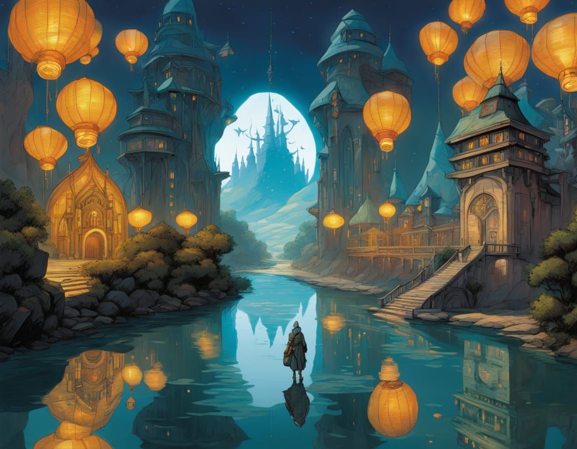 Mystical Forest River Ablaze with Lantern Light