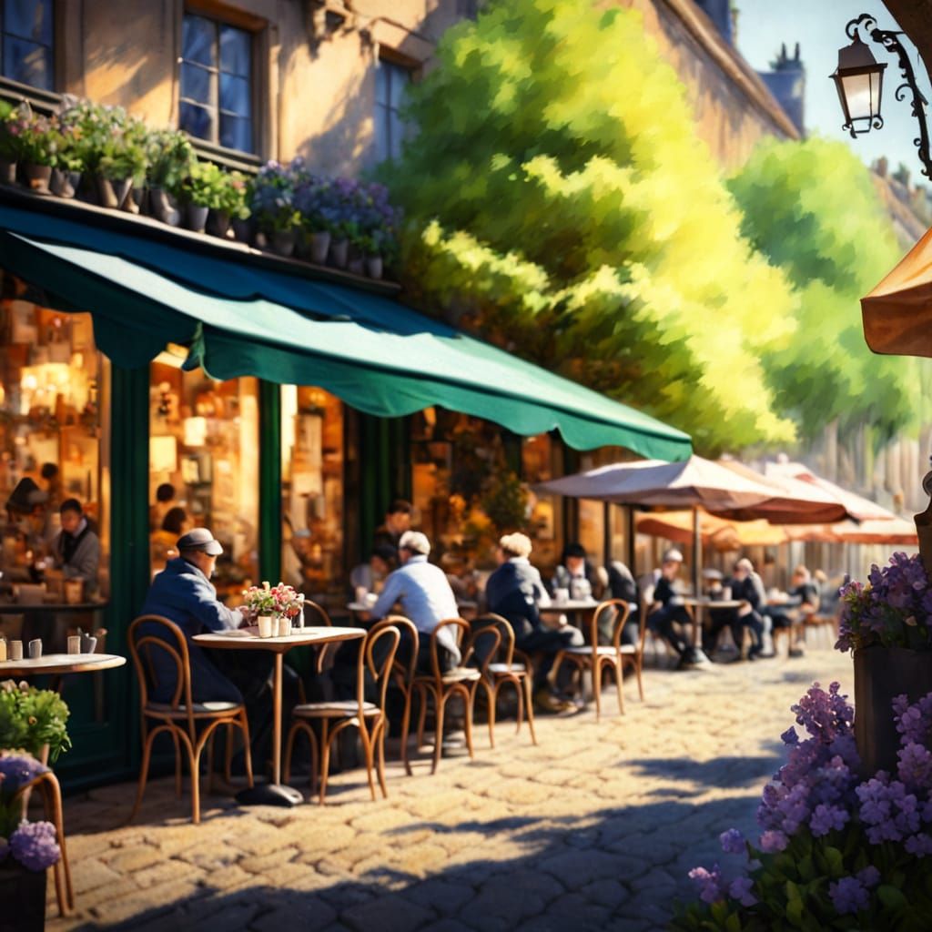 Impressionist French Cafe Scene in Spring