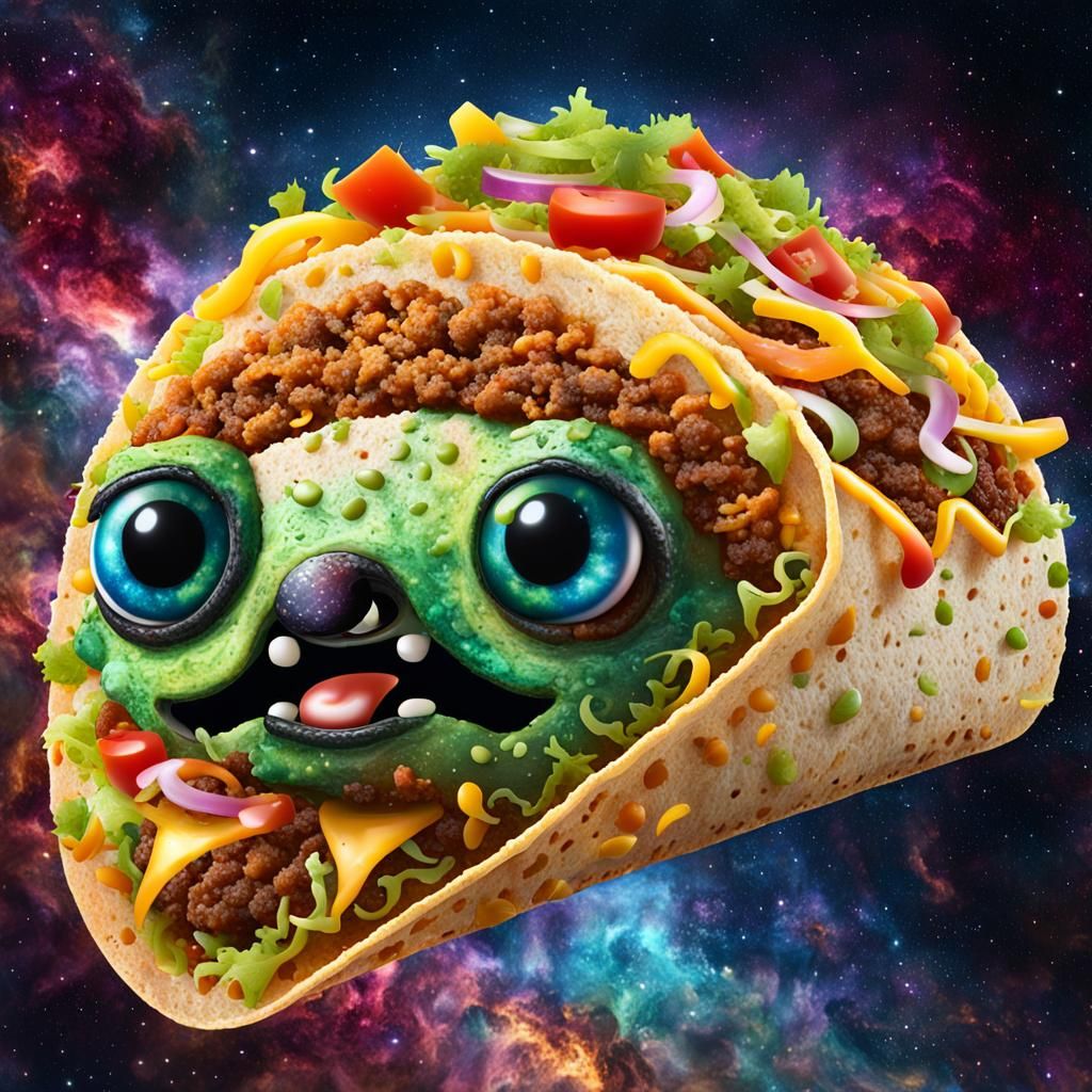Anthropomorphic Taco Floats Through Colorful Cosmic Scene