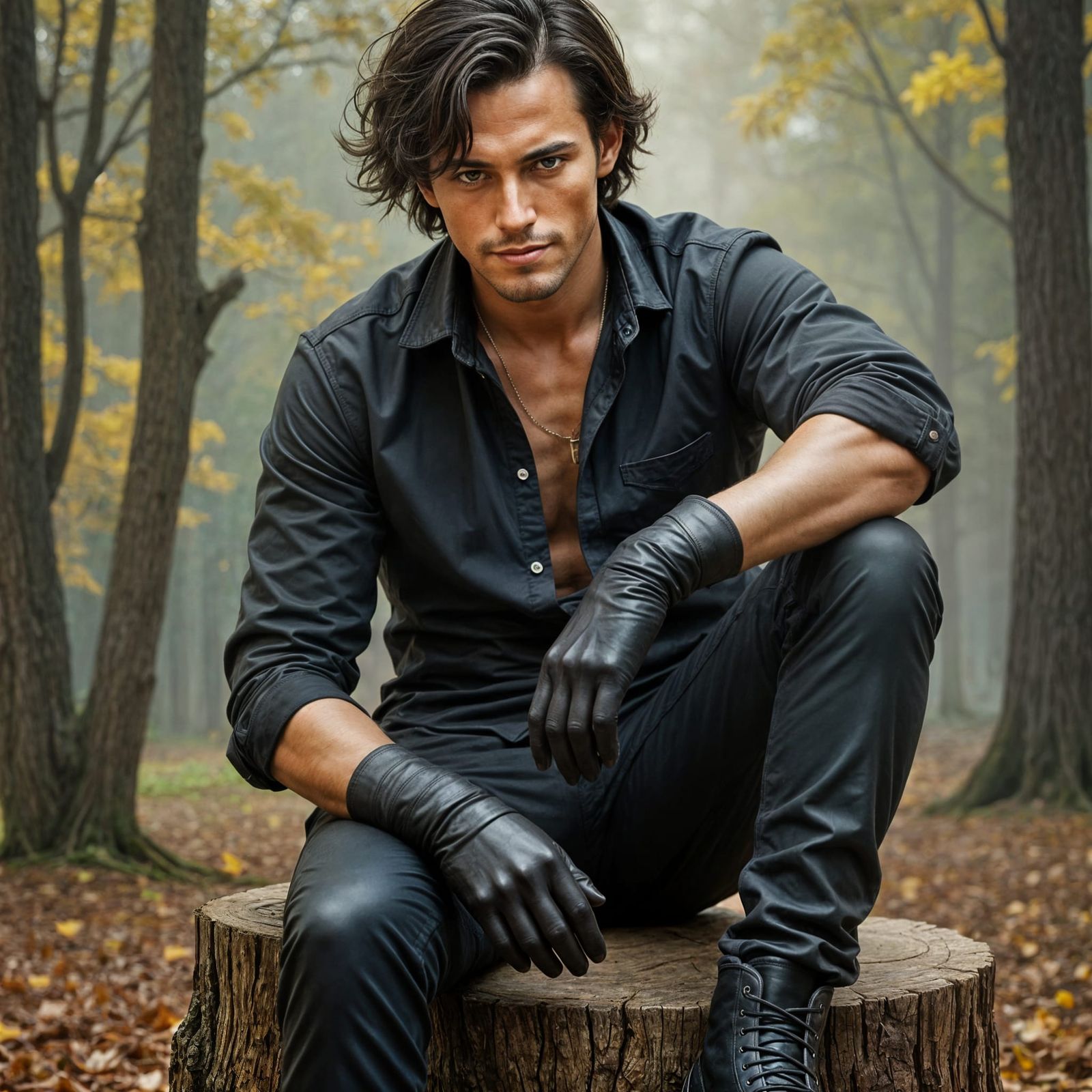 Handsome Young Man in Autumn Forest