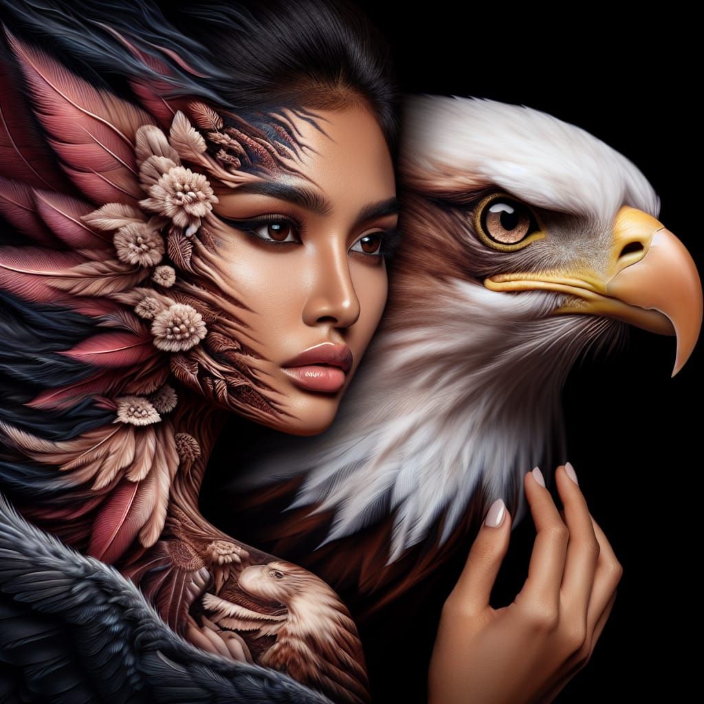 Woman and Eagle Transformation: Hyperrealistic Airbrush Port...