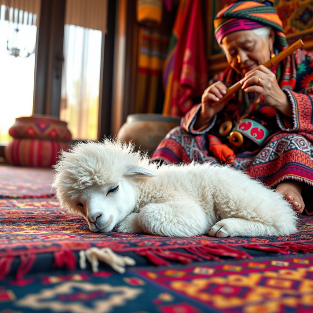 Quechua Woman Plays Pan Flute with Sleeping Alpaca
