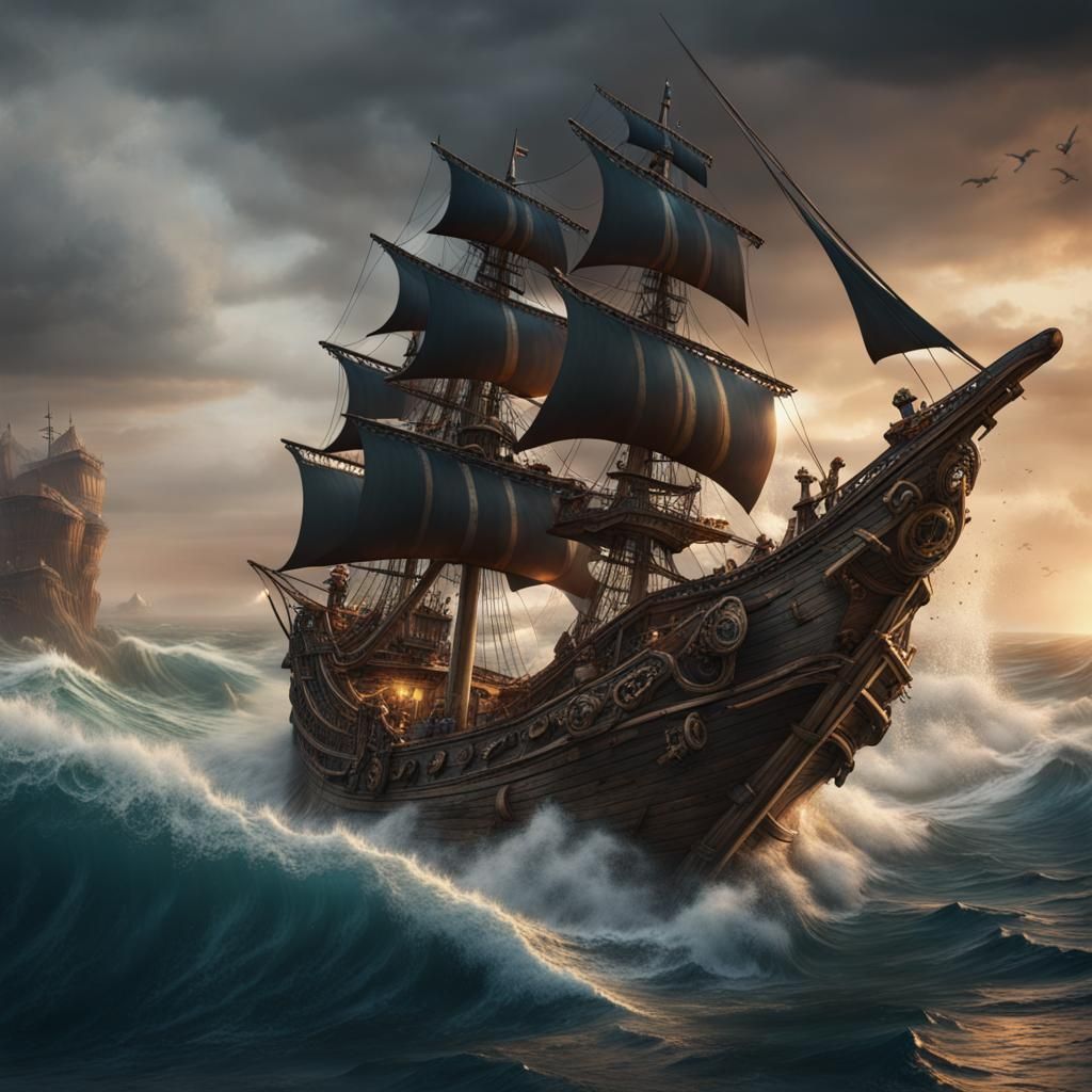 Pirate Ship Rides Giant Wave: Detailed Matte Painting