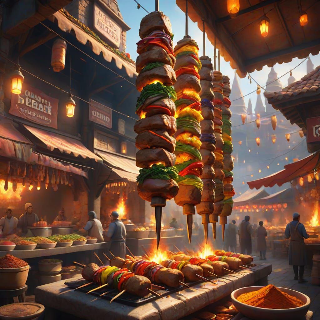 Giant Kebab in Fantasy Market: 8k Illustration