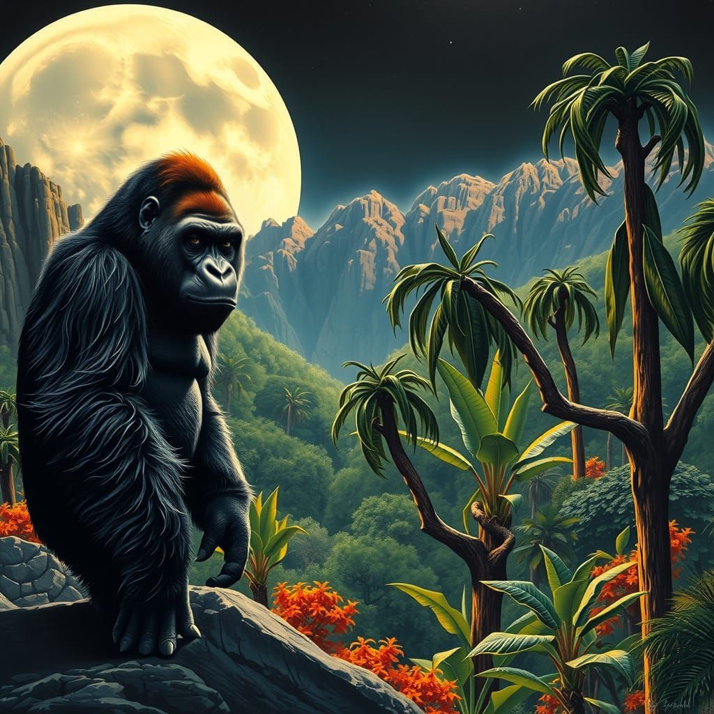 Gorilla Amidst Lush Jungles and Cratered Moon Landscape in T...