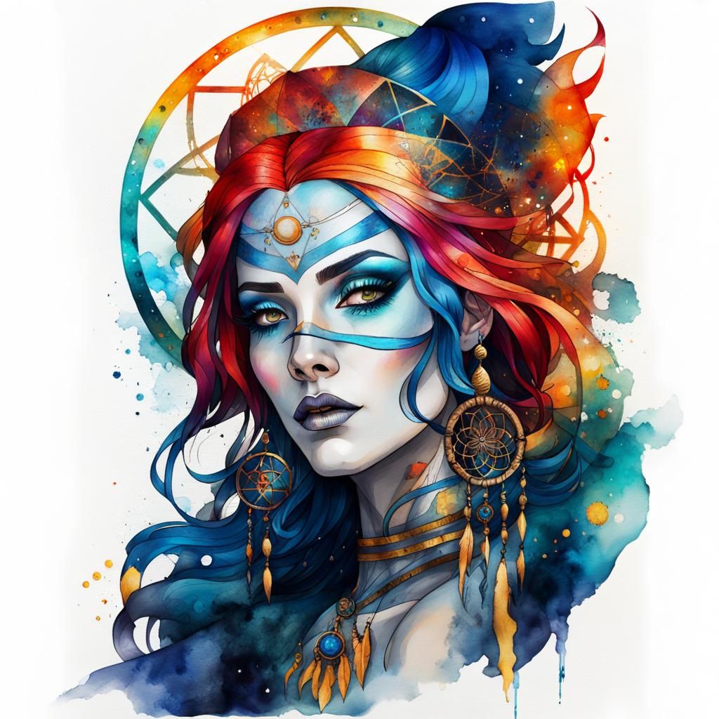 Blue-Haired Sorceress Portrait with Dream Catcher