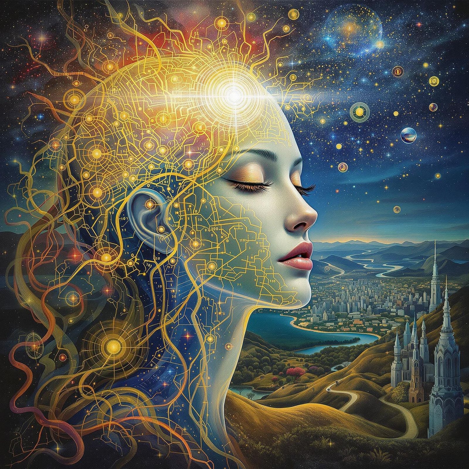 Surreal Oil Painting of a Figure Merging with Glowing Circui...