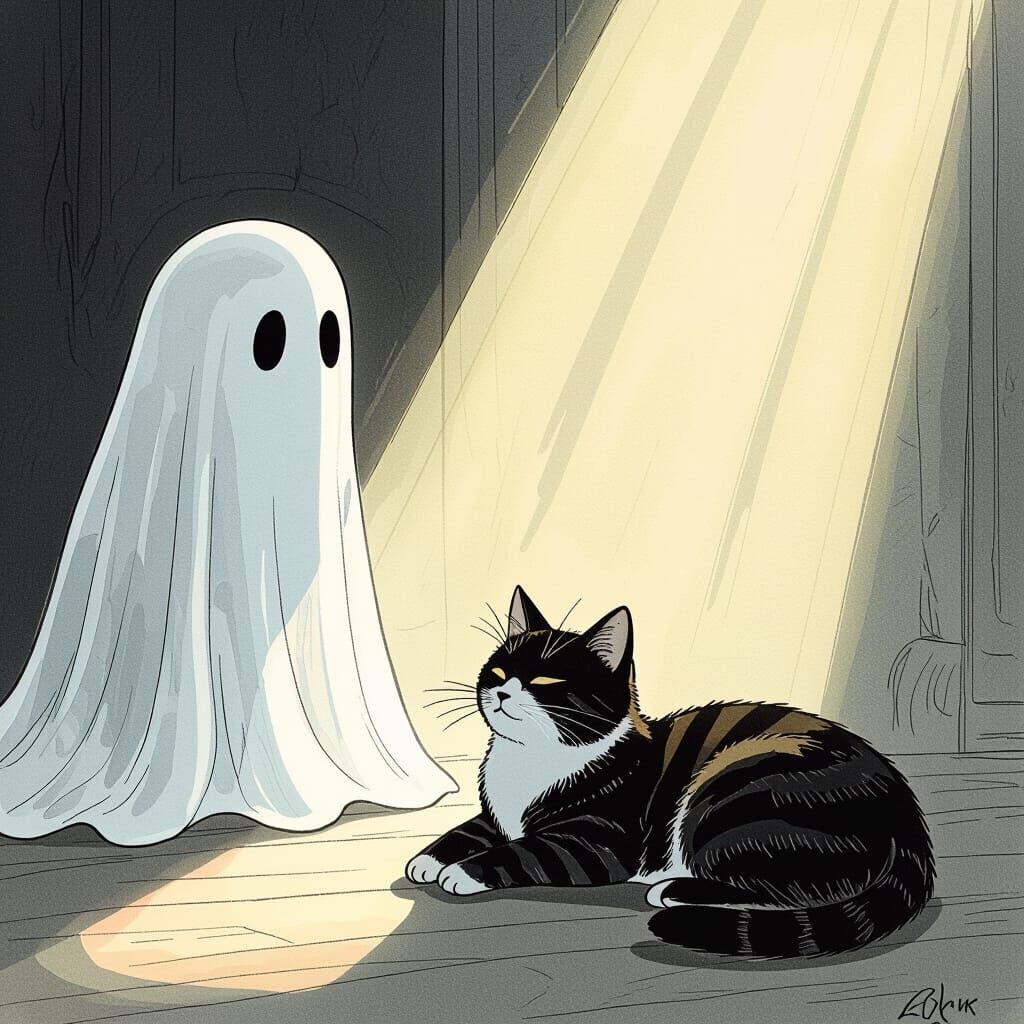 Ghostly Figure and Cat in Sunbeam, Gorey Style