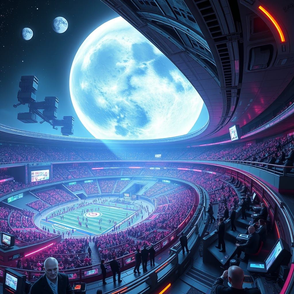 Lunar Gridiron: Futuristic Moon Stadium with Neon-Lit Gaming...