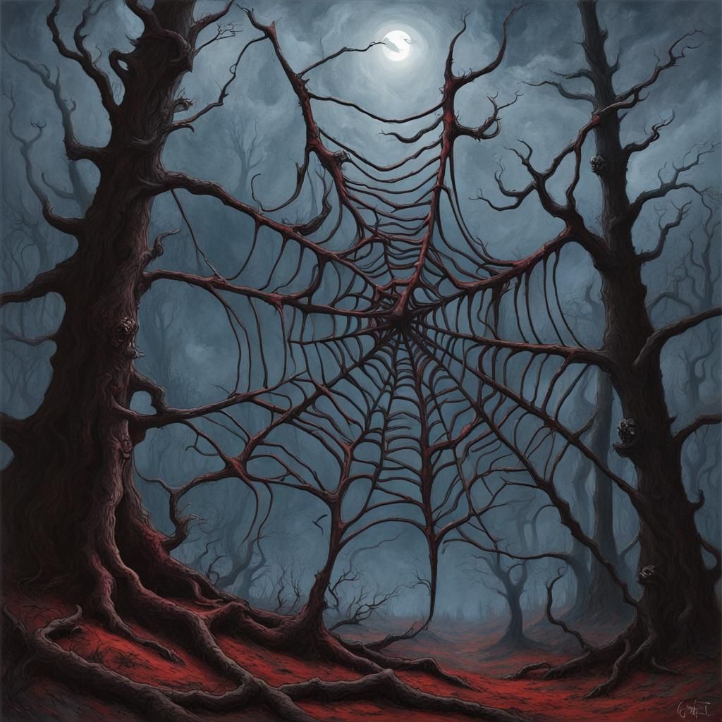 Escher and Giger Inspired Spider Web in Forest