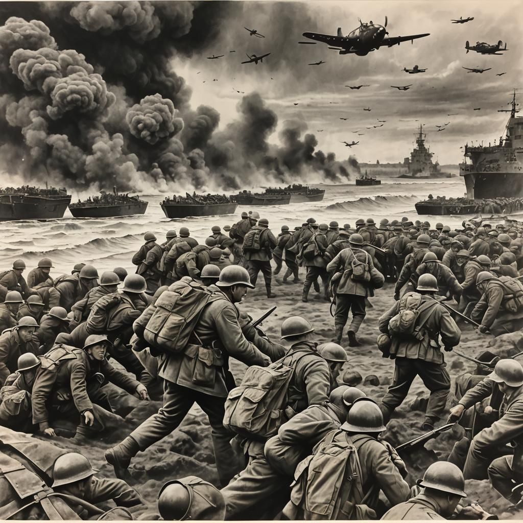 Hyperdetailed Charcoal Drawing of D-Day Landings