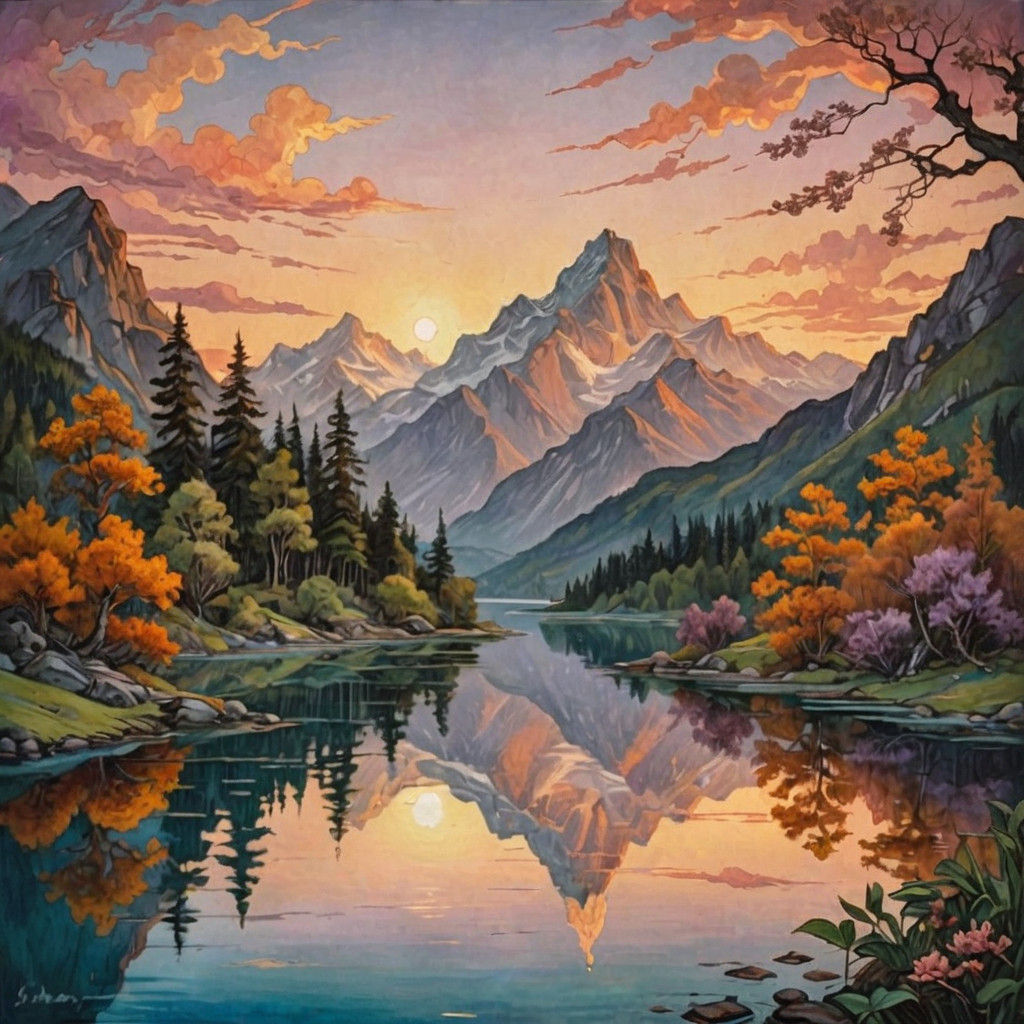 Mountain Landscape Sunset in Oil Painting Style