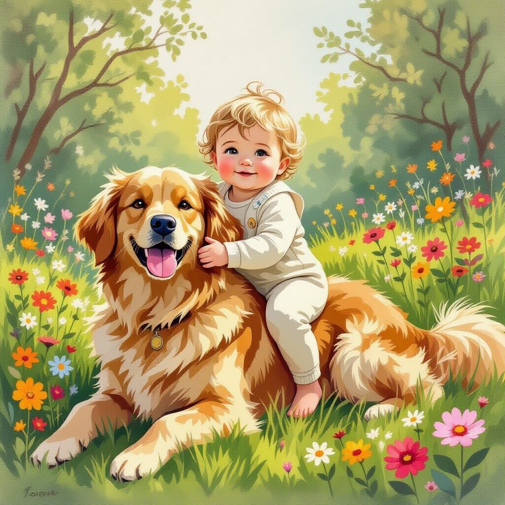 Adorable Baby and Golden Retriever in Beatrix Potter Style