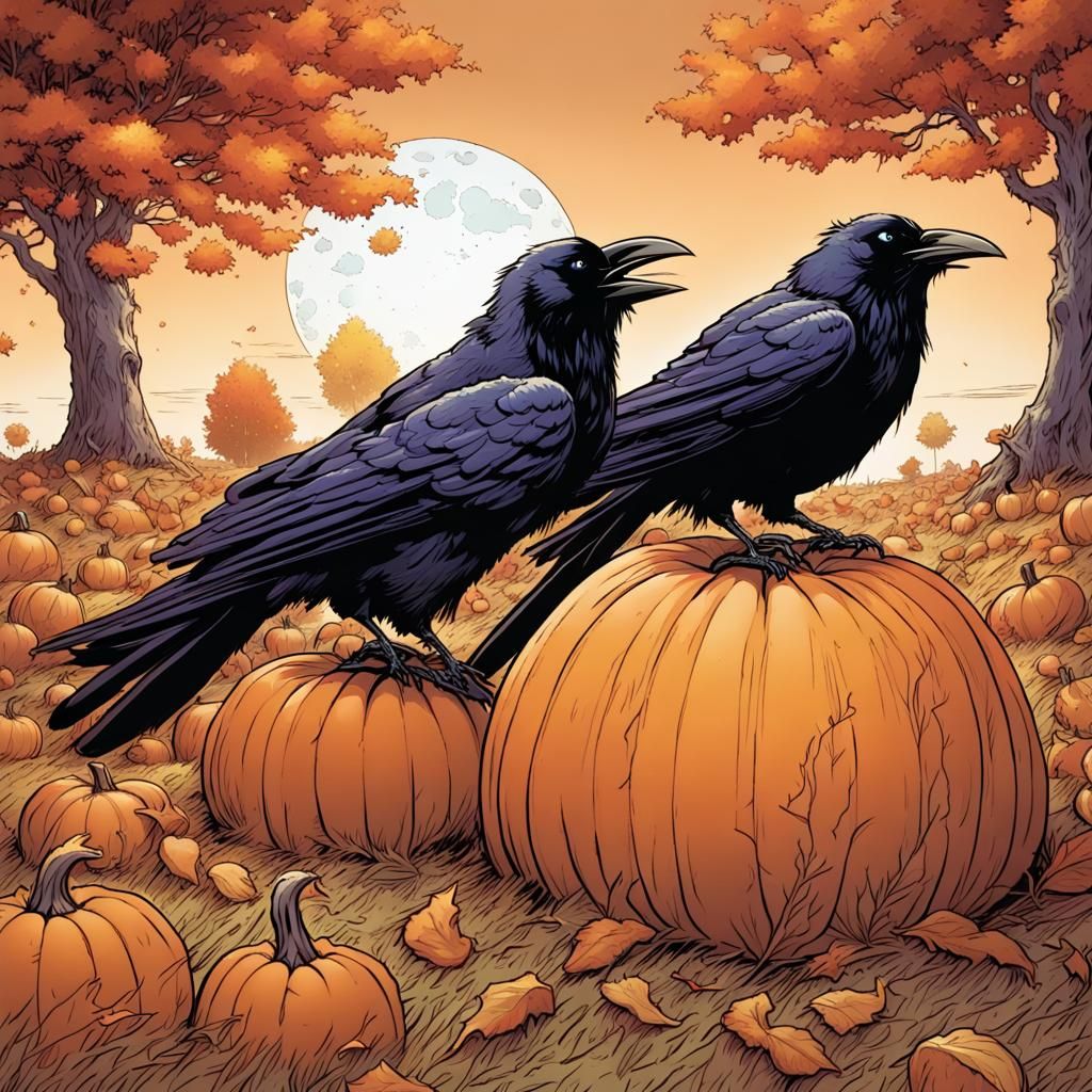Ravens on Pumpkins in Autumn Field, Comic Book Art