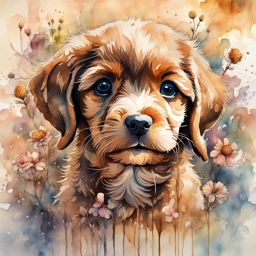 Adorable Puppy in Watercolor Wonderland Art