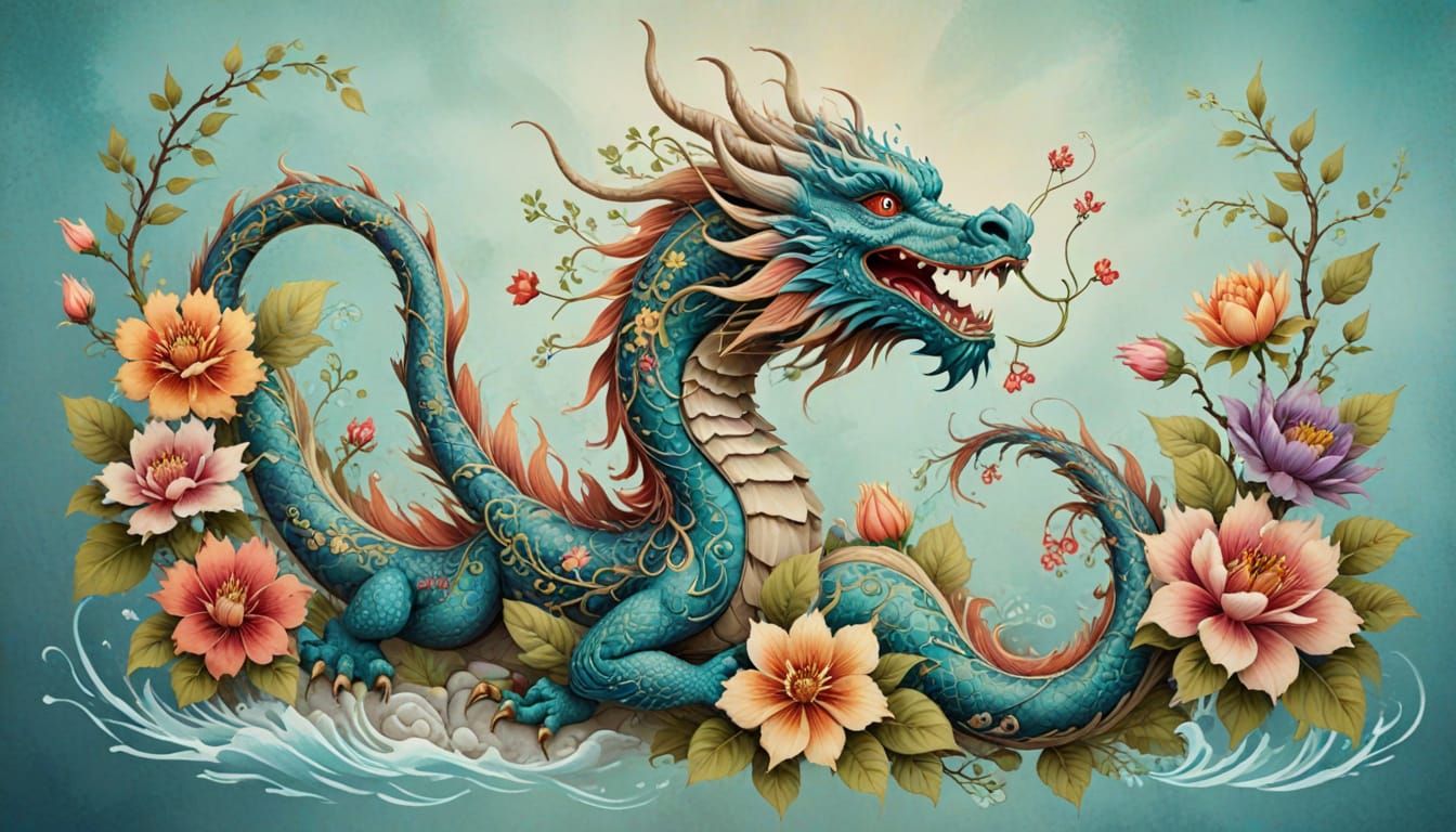Oriental Flower Dragon in 2D Watercolor Style