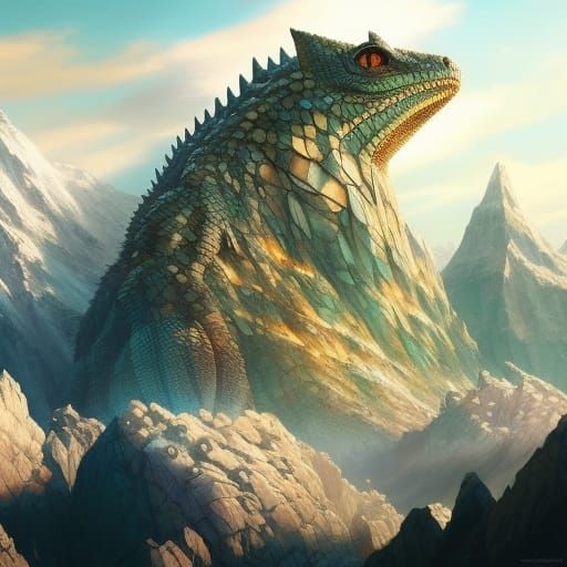 A mountainscape covered in scales; a behemoth elemental rock lizard, elemental lizard fantasy concept art; Jason Chan, J...
